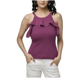 ANTHROPOLOGIE MAUVE XS Ruffle Ribbed Halter Tank Blouse Purple Romantic Cotton